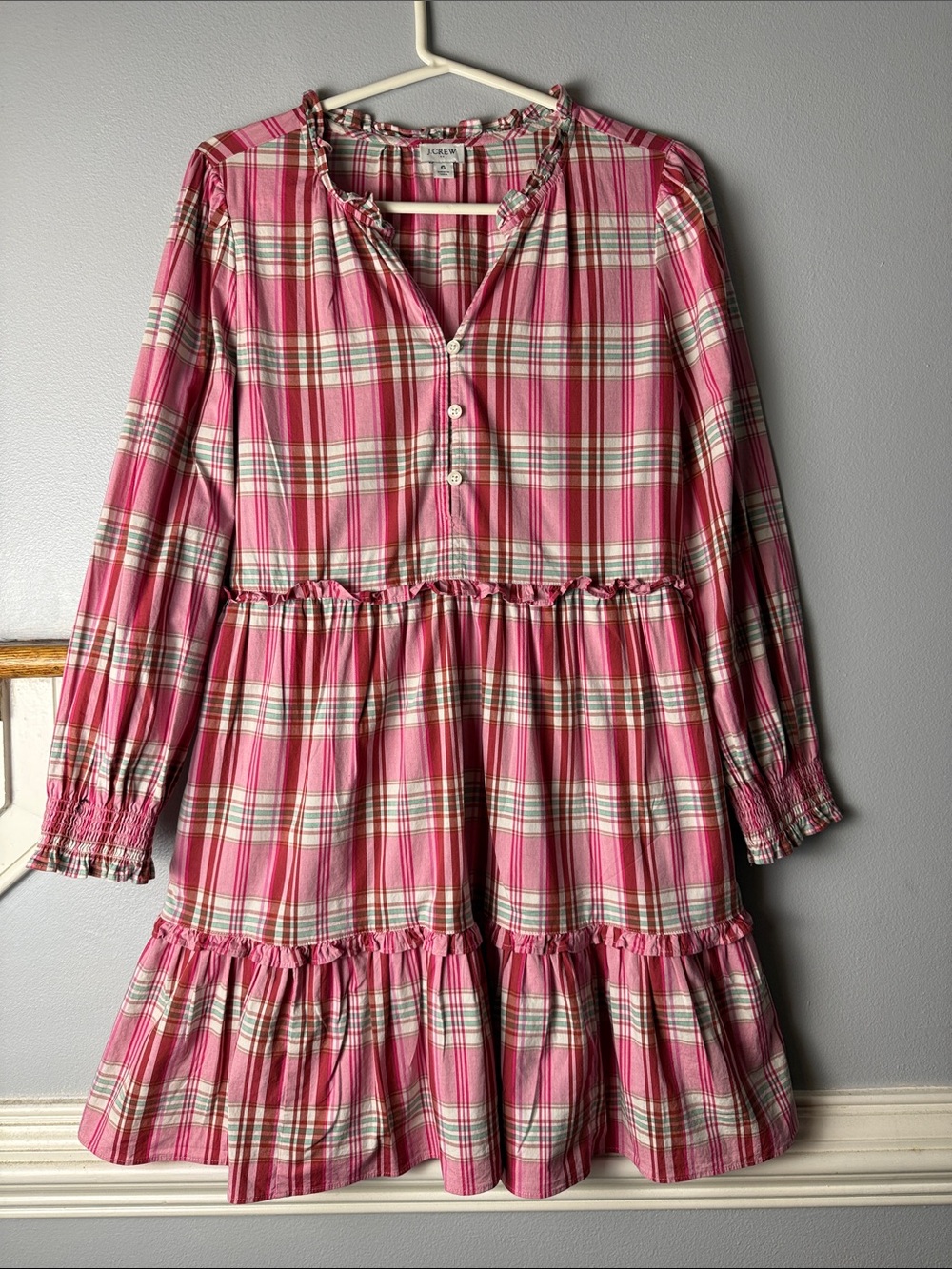 J. Crew Pink Plaid Tiered Button-Front Long-Sleeve Dress Sweet Briar Marine Salt